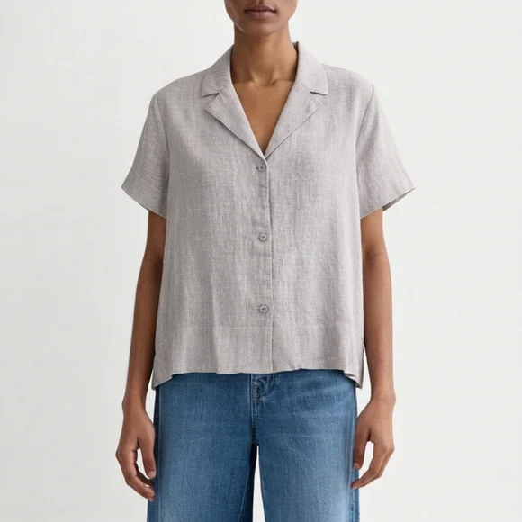 EVERLANE Linen Tan White Striped Button Up Short Sleeve Top, L - Picture 11 of 11